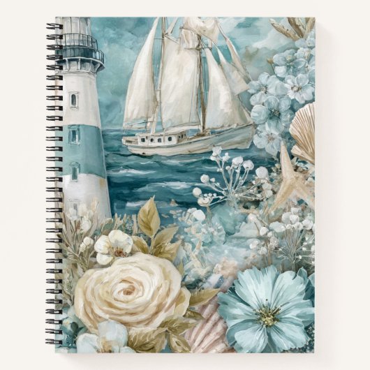 BLAUE AQUARELL-STRANDSZENE SEGLBOOT LEUCHTTURM NOTIZBLOCK (Vorderseite)
