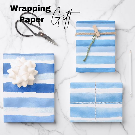 Blaue Aquarell-Streifen-Verpackung Geschenkpapier Set