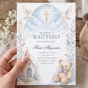Blaue Aquarell-Teddybär-Taufeinladung für Jungen Einladung