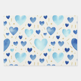 Blaue Aquarell- und Gold-Glitter-Herzen Geschenkpapier Set