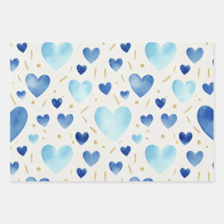 Blaue Aquarell- und Gold-Glitter-Herzen Geschenkpapier Set