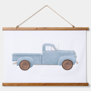 Blaue Aquarell-Vintage-LKW-Poster Wandteppich Mit Holzrahmen