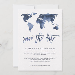 Blaue Aquarell-Weltkarte   Hochzeit Save the Date