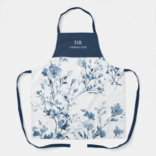 Blaue Aquarell-Wildblume Eleganter Namensmonogramm Schürze