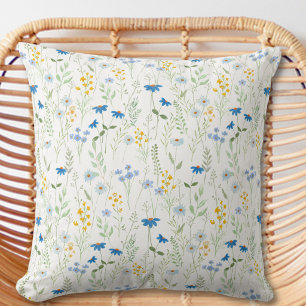 Blaue Aquarell-Wildblume Gelb Kissen