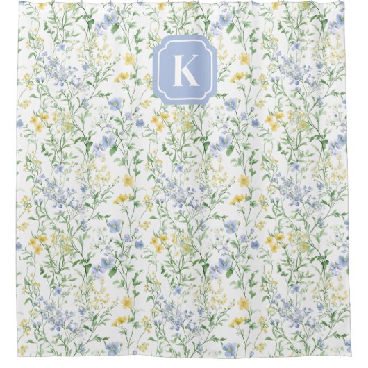 Blaue Aquarell-Wildblume-Individualinitiale Duschvorhang (Vorderseite)