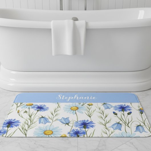 Blaue Aquarell-Wildblume personalisiert Badematte