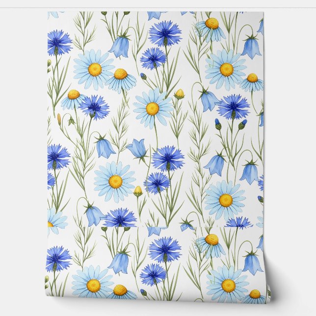 Blaue Aquarell-Wildblume Tapete (Abrollen)