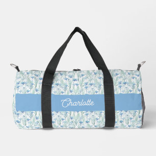 Blaue Aquarell-Wildblumen benutzerdefinierter Name Duffle Bag