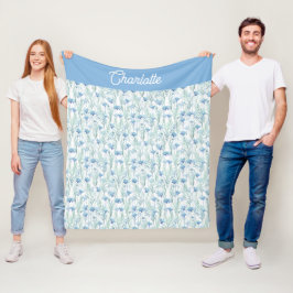 Blaue Aquarell-Wildblumen benutzerdefinierter Name Fleecedecke