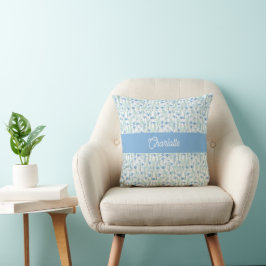 Blaue Aquarell-Wildblumen benutzerdefinierter Name Kissen