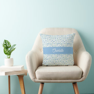 Blaue Aquarell-Wildblumen benutzerdefinierter Name Kissen