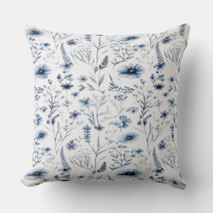 Blaue Aquarell-Wildblumen-Botanik-Wurfkissen Kissen