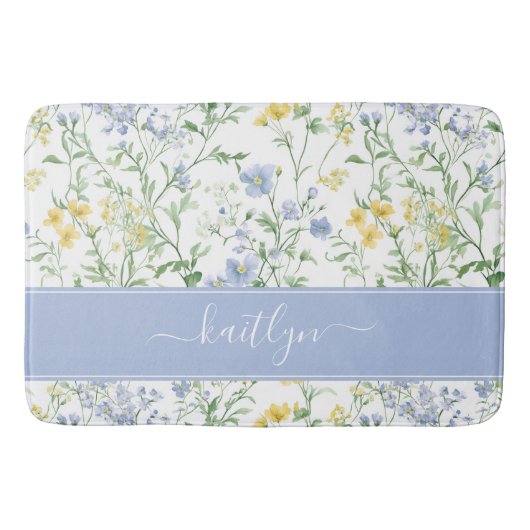 Blaue Aquarell-Wildblumen-Monogramm Badematte (Vorderseite)