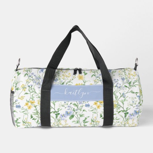 Blaue Aquarell-Wildblumen-Monogramm Duffle Bag (Rückseite)