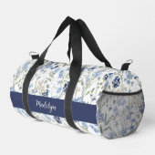 Blaue Aquarell-Wildblumen-Monogramm Duffle Bag (Rechte Ecke)