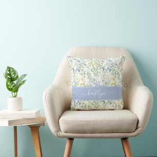 Blaue Aquarell-Wildblumen-Monogramm Kissen