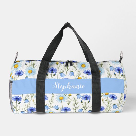 Blaue Aquarell-Wildblumen-Monogramm-Name Duffle Bag (Rückseite)