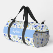 Blaue Aquarell-Wildblumen-Monogramm-Name Duffle Bag (Rechte Ecke)