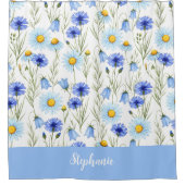 Blaue Aquarell-Wildblumen-Monogramm-Name Duschvorhang (Vorderseite)