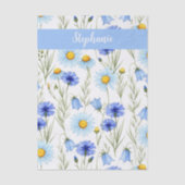 Blaue Aquarell-Wildblumen-Monogramm-Name Seidenpapier (Vorderseite)