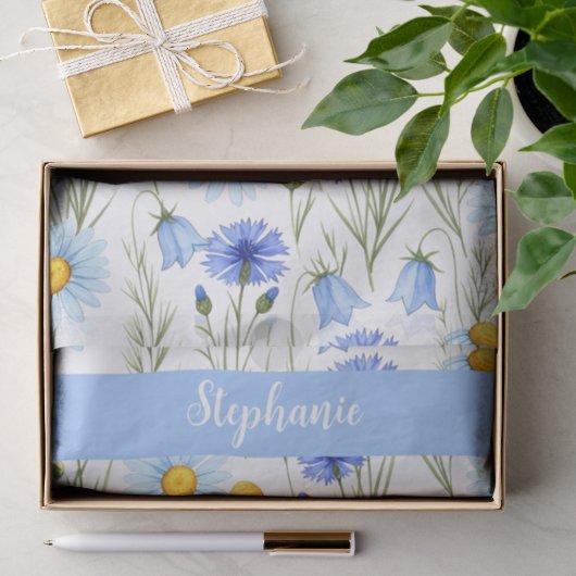 Blaue Aquarell-Wildblumen-Monogramm-Name Seidenpapier (Geschenk)