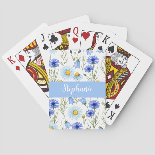 Blaue Aquarell-Wildblumen-Monogramm-Name Spielkarten (Rückseite)