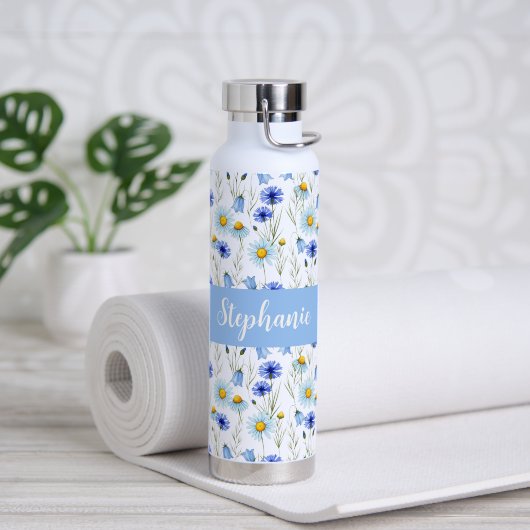 Blaue Aquarell-Wildblumen-Monogramm-Name Trinkflasche (Yoga (gedreht))