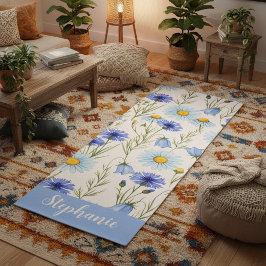 Blaue Aquarell-Wildblumen-Monogramm-Name Yogamatte