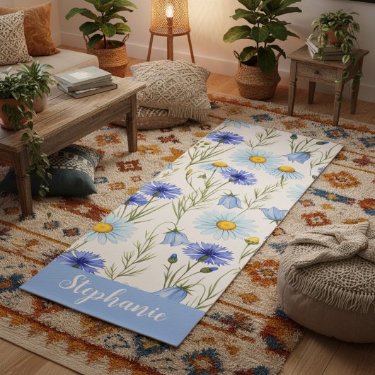 Blaue Aquarell-Wildblumen-Monogramm-Name Yogamatte