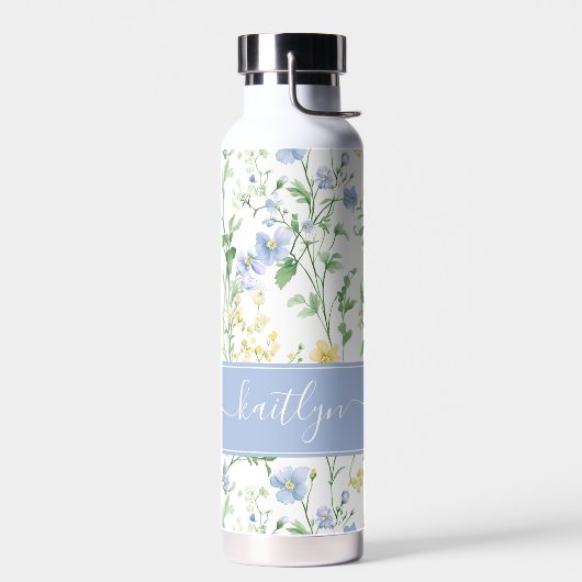 Blaue Aquarell-Wildblumen-Monogramm Trinkflasche (Links)