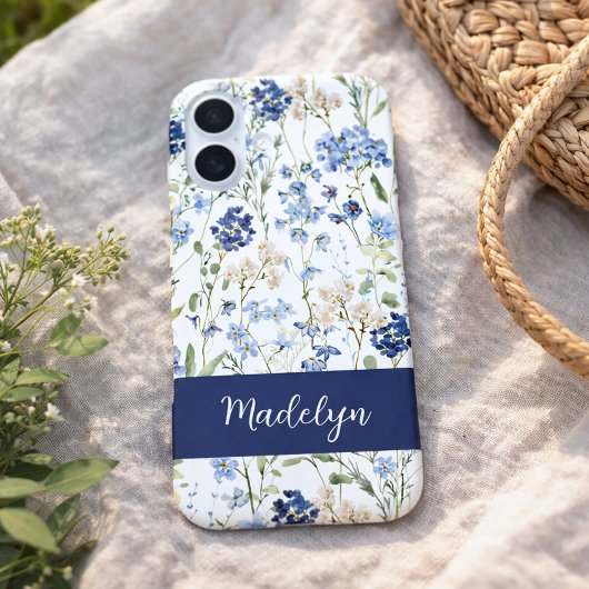 Blaue Aquarell-Wildblumen-Name Case-Mate iPhone Hülle