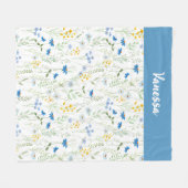Blaue Aquarell-Wildblumen-Name-Monogramm Fleecedecke (Vorderseite (Horizontal))
