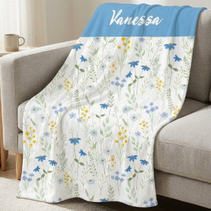 Blaue Aquarell-Wildblumen-Name-Monogramm Fleecedecke