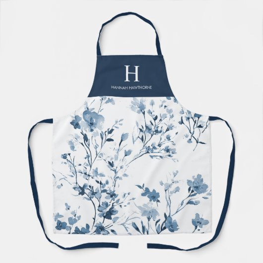 Blaue Aquarell-Wildblumen-Name-Monogramm Schürze (Vorderseite)