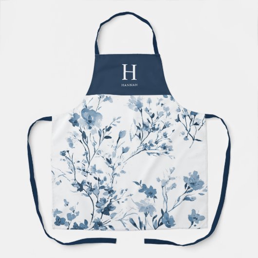 Blaue Aquarell-Wildblumen-Name-Monogramm Schürze (Vorderseite)