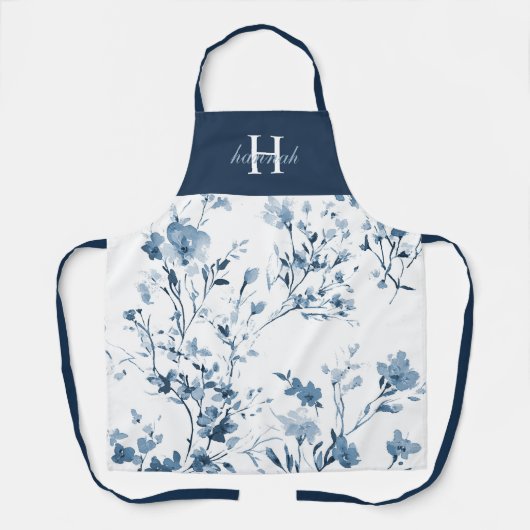 Blaue Aquarell-Wildblumen-Name-Monogramm Schürze (Vorderseite)