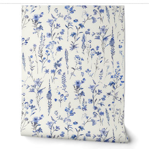 Blaue Aquarell-Wildblumen und Kräuter Tapete