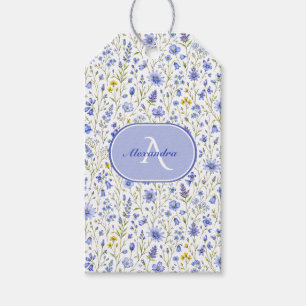Blaue Aquarell-Wildblumenmuster mit individuellem Geschenkanhänger