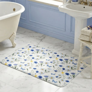 Blaue Aquarell-Wildblumenwiese-Muster Badematte