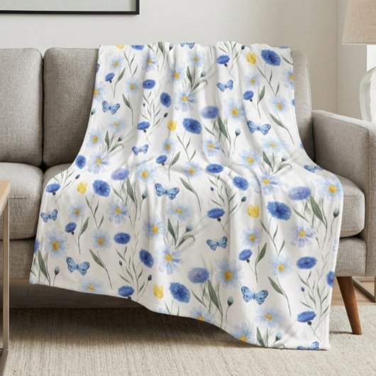 Blaue Aquarell-Wildblumenwiese-Muster Fleecedecke