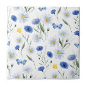 Blaue Aquarell-Wildblumenwiese-Muster Fliese (Vorderseite)