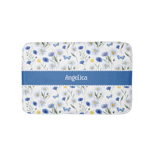 Blaue Aquarell-Wildblumenwiese Name Badematte (Vorderseite)