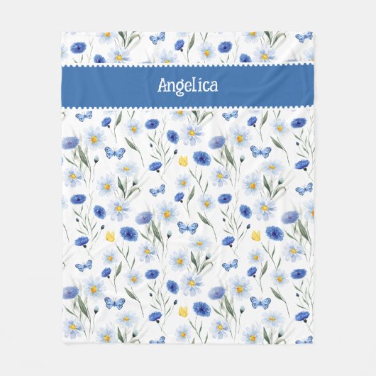 Blaue Aquarell-Wildblumenwiese Name Fleecedecke (Vorderseite)