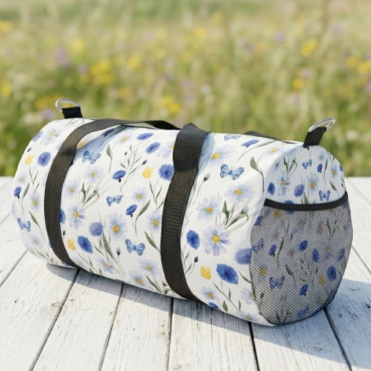Blaue Aquarell-Wildblumenwiese-Schmetterling Duffle Bag