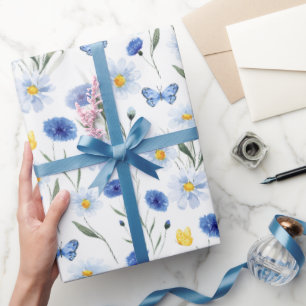 Blaue Aquarell-Wildblumenwiese-Schmetterling Geschenkpapier