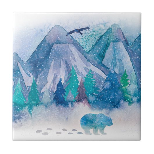 Blaue Aquarell-Winter-Berglandschaftskunst Fliese (Vorderseite)