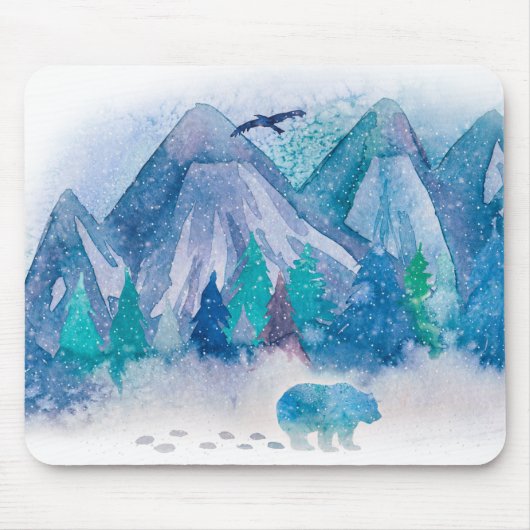 Blaue Aquarell-Winter-Berglandschaftskunst Mousepad (Vorne)