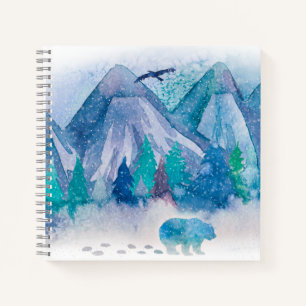 Blaue Aquarell-Winter-Berglandschaftskunst Notizblock