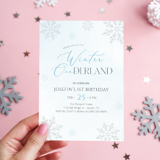 Blaue Aquarell-Winter-Onederland-Erstgeburtstag Einladung